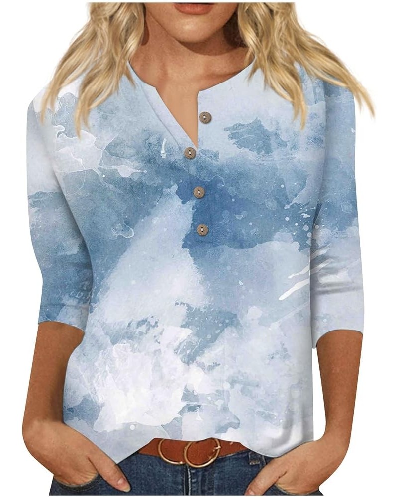 Summer Tops for Women 2024 3/4 Length Sleeve Womens Tops Casual Loose Work Tops Print Shirt Button Down Blouses Tees 04-sky B...