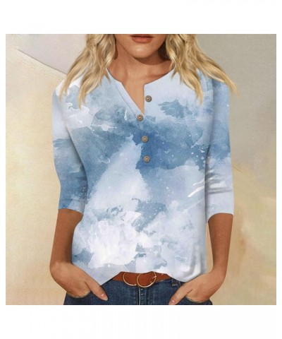 Summer Tops for Women 2024 3/4 Length Sleeve Womens Tops Casual Loose Work Tops Print Shirt Button Down Blouses Tees 04-sky B...