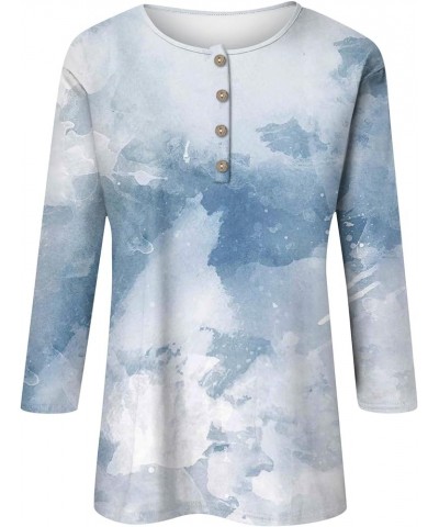 Summer Tops for Women 2024 3/4 Length Sleeve Womens Tops Casual Loose Work Tops Print Shirt Button Down Blouses Tees 04-sky B...