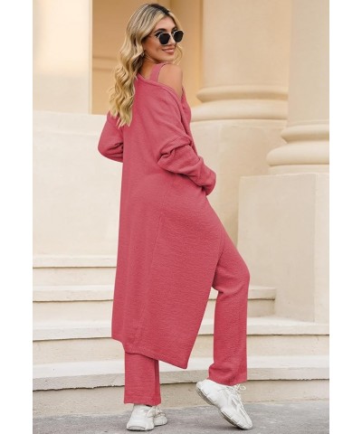Women's Fuzzy 3 Piece Lounge Sets Sweatsuits Open Front Cardigan Crop Tank Tops Wide Legs Pants Outfits 01 - Pink $27.26 Slee...