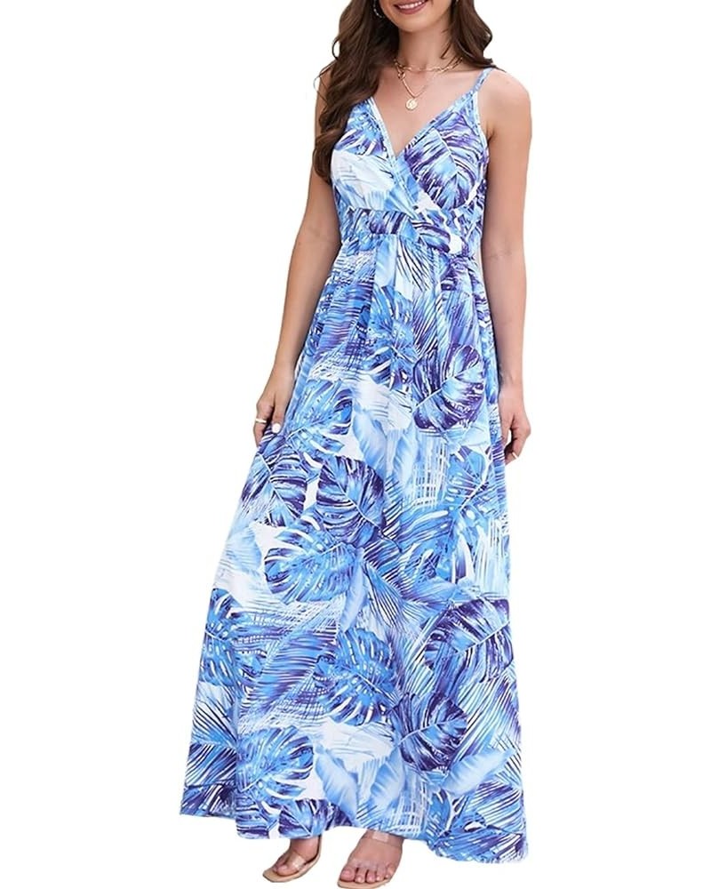 Women's Summer Long Dress Leaf Printed Bohemian Sexy V-Neck Sling High Waist A-line Maxi Boho Dresses Blue $12.70 Dresses