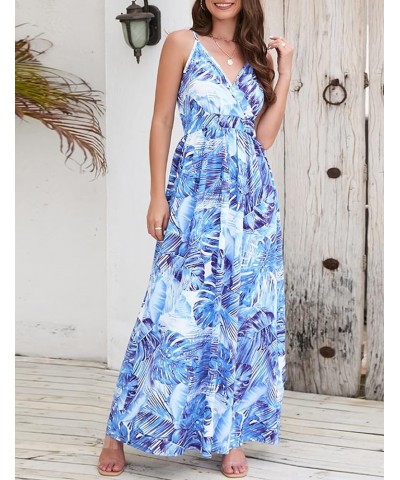 Women's Summer Long Dress Leaf Printed Bohemian Sexy V-Neck Sling High Waist A-line Maxi Boho Dresses Blue $12.70 Dresses