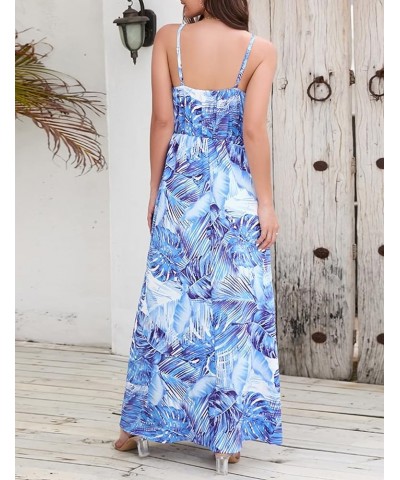 Women's Summer Long Dress Leaf Printed Bohemian Sexy V-Neck Sling High Waist A-line Maxi Boho Dresses Blue $12.70 Dresses