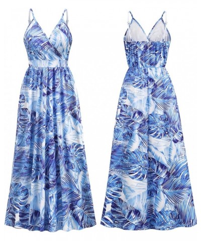 Women's Summer Long Dress Leaf Printed Bohemian Sexy V-Neck Sling High Waist A-line Maxi Boho Dresses Blue $12.70 Dresses