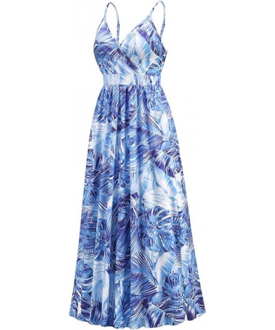 Women's Summer Long Dress Leaf Printed Bohemian Sexy V-Neck Sling High Waist A-line Maxi Boho Dresses Blue $12.70 Dresses