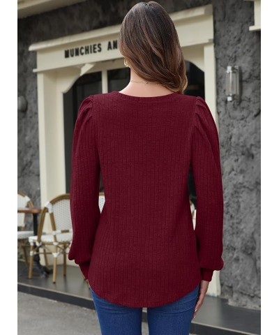 Women's Puff Long Sleeve Tops Lightweight Crewneck Plus Size Tunic Shirts M-4XL Wine Red $15.25 Tops