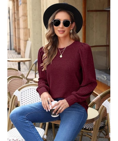 Women's Puff Long Sleeve Tops Lightweight Crewneck Plus Size Tunic Shirts M-4XL Wine Red $15.25 Tops