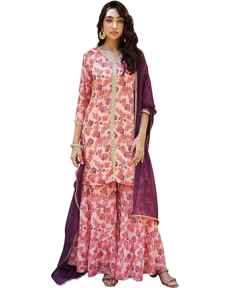 Women's Day Pink Georgette Digital Floral Printed Kurta with Palazzo and Dupatta Peach $30.08 Tops