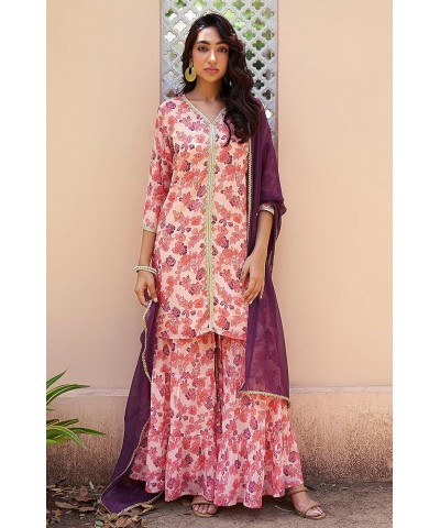 Women's Day Pink Georgette Digital Floral Printed Kurta with Palazzo and Dupatta Peach $30.08 Tops