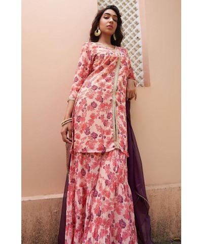Women's Day Pink Georgette Digital Floral Printed Kurta with Palazzo and Dupatta Peach $30.08 Tops