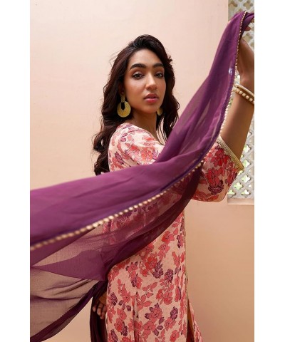 Women's Day Pink Georgette Digital Floral Printed Kurta with Palazzo and Dupatta Peach $30.08 Tops