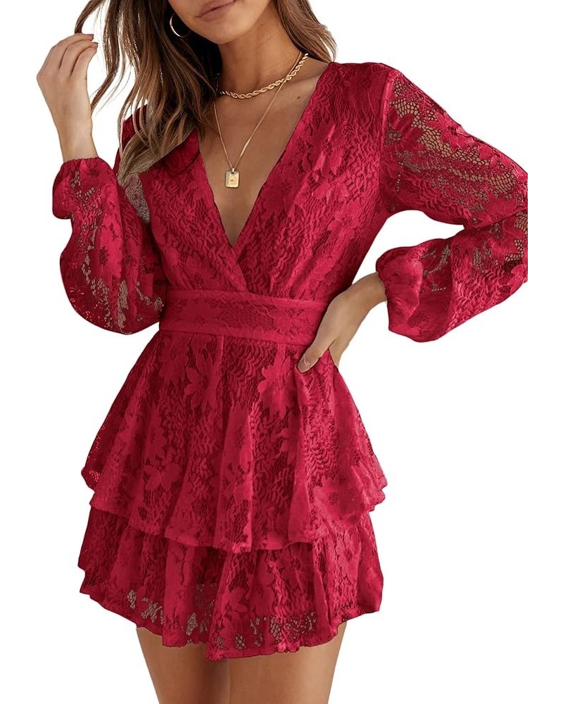 Jumpsuits for Women Fall 2024 Long Sleeve V Neck Tie Wasit Wrap Mini Dress Ruffle Hem Romper Dress Short Rompers Dark Red $21...