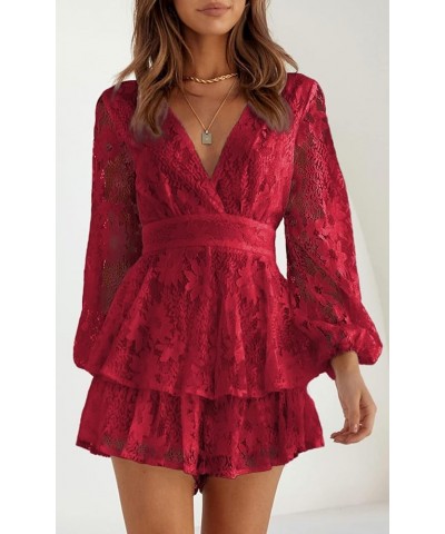 Jumpsuits for Women Fall 2024 Long Sleeve V Neck Tie Wasit Wrap Mini Dress Ruffle Hem Romper Dress Short Rompers Dark Red $21...