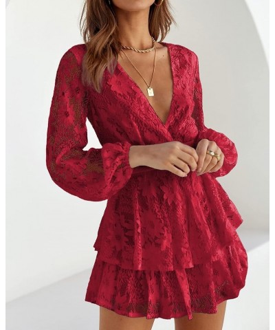Jumpsuits for Women Fall 2024 Long Sleeve V Neck Tie Wasit Wrap Mini Dress Ruffle Hem Romper Dress Short Rompers Dark Red $21...