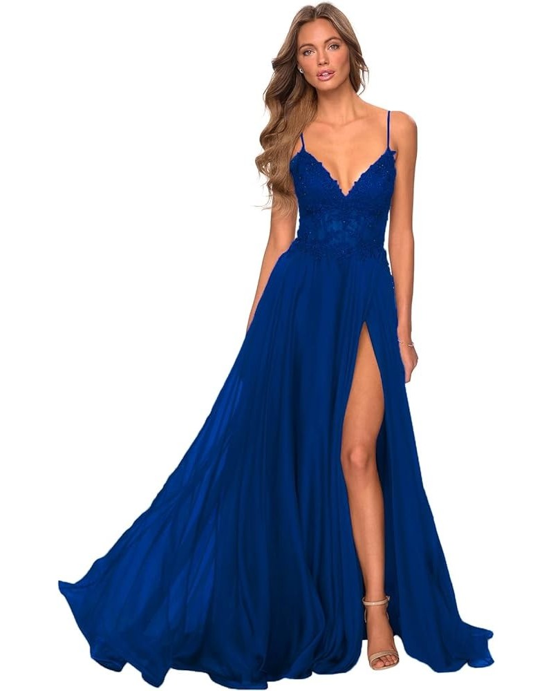 Women's V-Neck Prom Dress Slit Long Lace Appliques Formal Evening Party Gowns Chiffon PR003 Royal Blue $42.39 Dresses