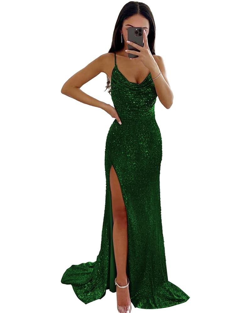 Mermaid Sequin Prom Dresses 2024 Long Slit Cowl Neck Evening Formal Dress with Slit Emerald Green $35.74 Dresses
