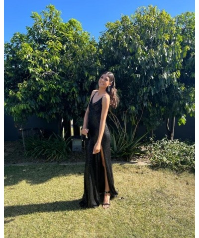 Mermaid Sequin Prom Dresses 2024 Long Slit Cowl Neck Evening Formal Dress with Slit Emerald Green $35.74 Dresses