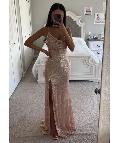 Mermaid Sequin Prom Dresses 2024 Long Slit Cowl Neck Evening Formal Dress with Slit Emerald Green $35.74 Dresses