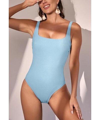 Women's One Piece Swimsuits Ribbed Tummy Control Bathing Suit Slimming Square Neck 1 Piece Swimwear Blue $16.80 Swimsuits