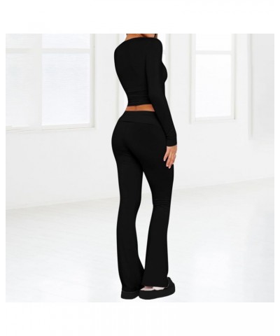 Women's 2 Piece Lounge Sets Trendy Long Sleeve Crop Top and Fold-over Flare Pants Casual Yoga Outfit Pajamas Set Black $10.02...