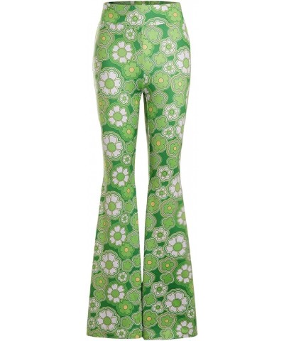 Women's Elastic High Waist Allover Print Floral Bell Bottom Flare Leg Long Pants Green Floral $13.23 Leggings