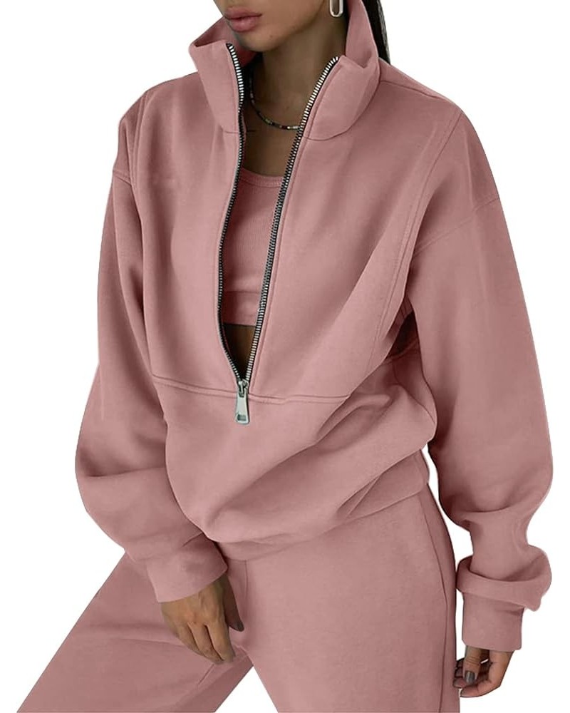 Womens Fashion Womens Joggers Sweat Sets Women Half Zipper 2 Piece Outfits Joggers Pants Sweatshirt Set Travel Darkpink $30.2...