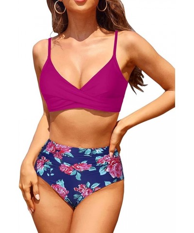 Women Two Piece High Waisted Bikini Set Tummy Control Bathing Suit Full Coverage Swimsuit Pink Blue Floral $15.80 Swimsuits