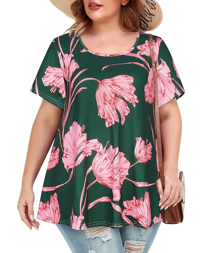 Plus Size Tops for Women Tunic Floral Casual Short Sleeves T Shirts Flowy Blouses Green Pink Flower $10.32 Tops