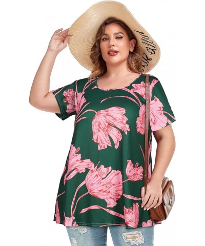 Plus Size Tops for Women Tunic Floral Casual Short Sleeves T Shirts Flowy Blouses Green Pink Flower $10.32 Tops