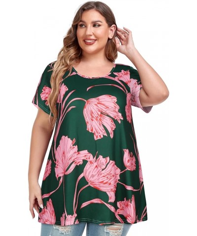 Plus Size Tops for Women Tunic Floral Casual Short Sleeves T Shirts Flowy Blouses Green Pink Flower $10.32 Tops