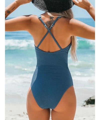 Women's One Piece Swimsuit V Neck Bathing Suit Tummy Control Cross Back Swimwear Ribbed Dark Blue $25.79 Swimsuits
