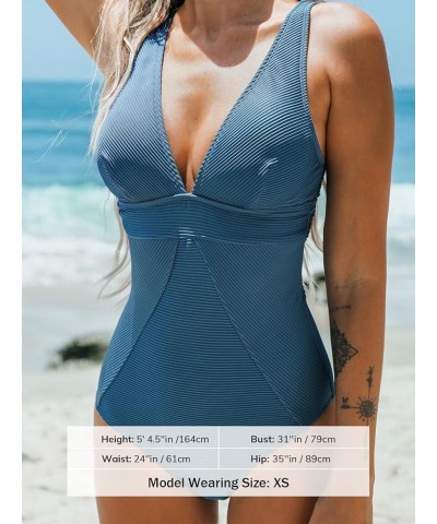 Women's One Piece Swimsuit V Neck Bathing Suit Tummy Control Cross Back Swimwear Ribbed Dark Blue $25.79 Swimsuits