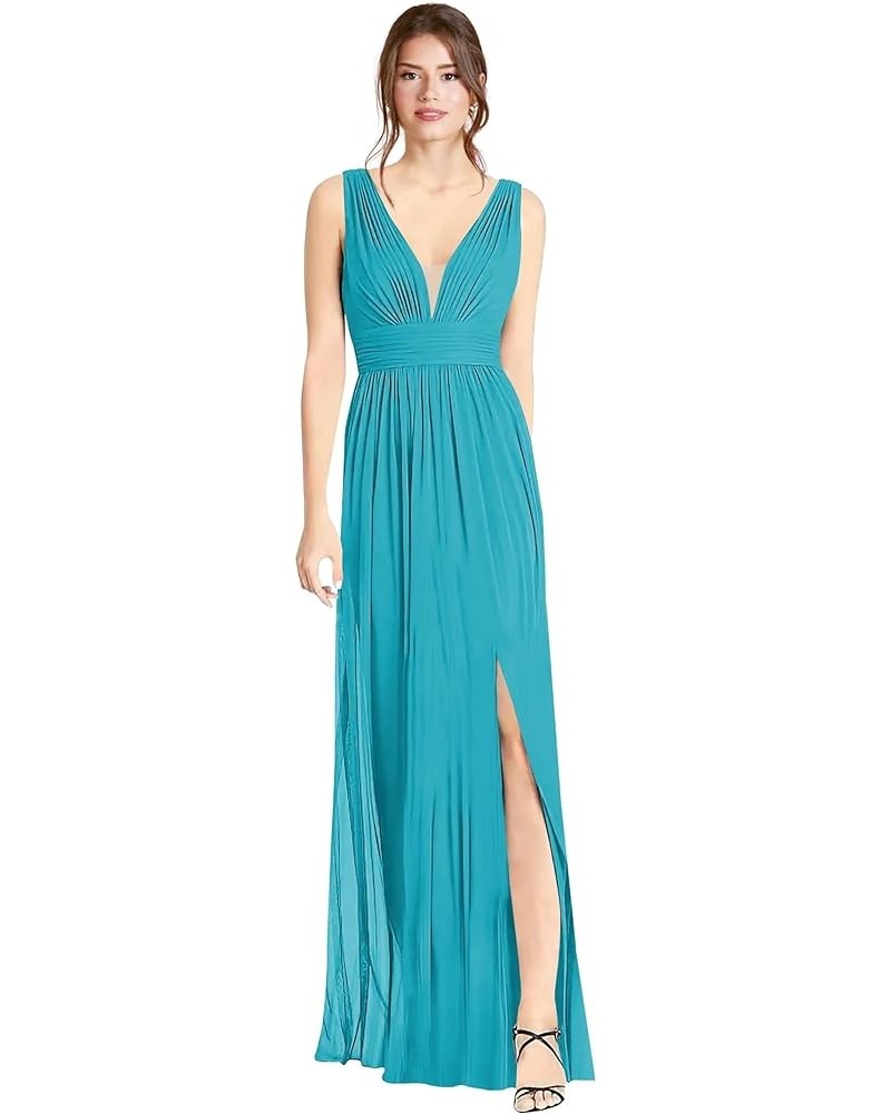 Women's Chiffon Bridesmaid Dresses with Sleeveless Empire Waist Deep V Neck Formal Evening Party Dress with Slit Aqua Blue $1...