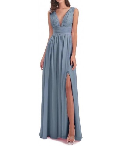 Women's Chiffon Bridesmaid Dresses with Sleeveless Empire Waist Deep V Neck Formal Evening Party Dress with Slit Aqua Blue $1...