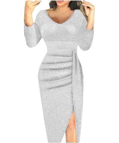 Spring Dresses for Women 2024 Eveing Evening Casual Trendy High Slit Long Sleeve Bodycon Evening Midi Dress ZZ04 B-silver $6....