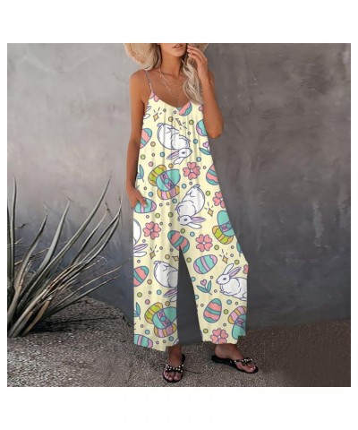 Cute Easter Outfits For Women,Easter Eggs Print Jumpsuits Sleeveless Party Overalls Casual Off The Shoulders Rompers 02-yello...