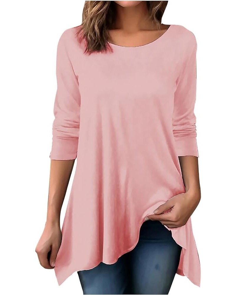 Womens Long Sleeve Tunic Tops Loose Asymmetrical Hem Shirts Plus Size Casual Crewneck Blouse Tee Solid Spring Pullover Pink $...