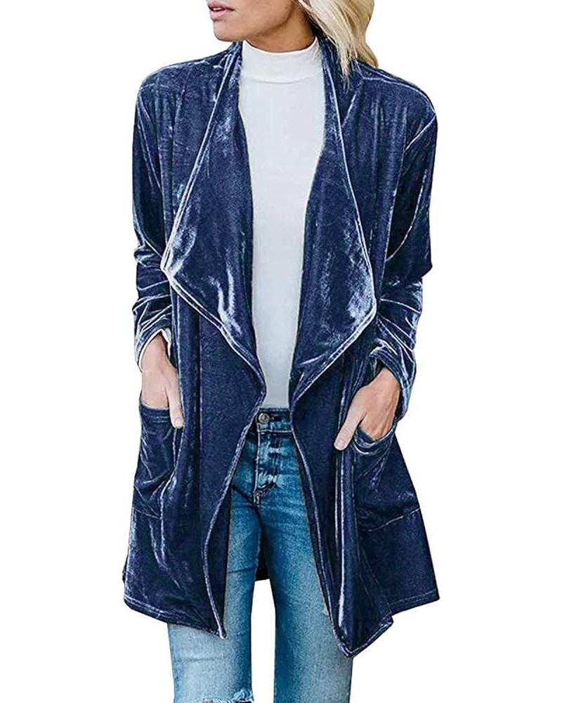 Women's Solid Long Sleeve Velvet Jacket Open Front Cardigan Coat with Pockets Outerwear Lakeblue $25.96 Jackets