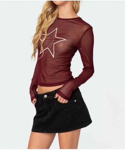 Women Sheer Mesh Long Sleeve Top Mock Neck Floral Lace Layering Top See Through Tee Shirt Y2K Going Out Streetwear H-maroon S...