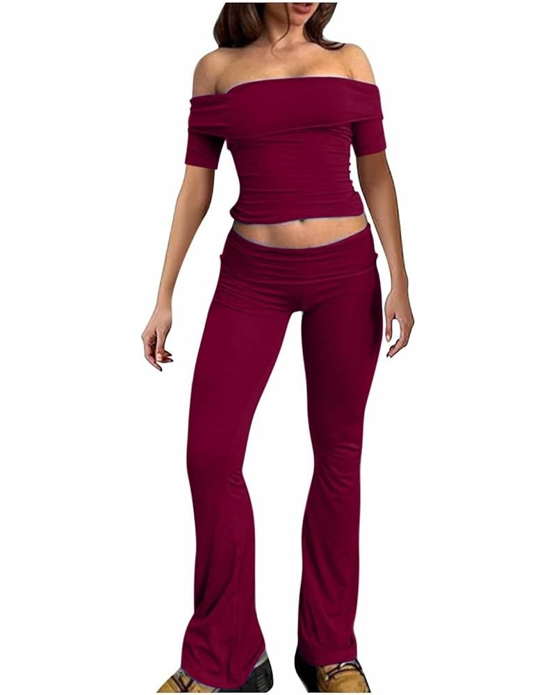 Womens Matching Sport Brunch Tops Pants Sets for Women Track Pajama Solid 2 Piece Summer Fall Tops Sets 2024 S-713 Burgundy W...