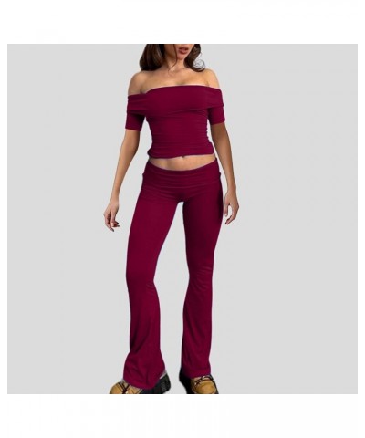 Womens Matching Sport Brunch Tops Pants Sets for Women Track Pajama Solid 2 Piece Summer Fall Tops Sets 2024 S-713 Burgundy W...