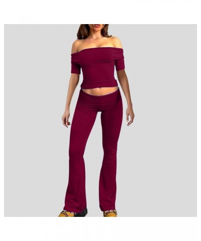 Womens Matching Sport Brunch Tops Pants Sets for Women Track Pajama Solid 2 Piece Summer Fall Tops Sets 2024 S-713 Burgundy W...
