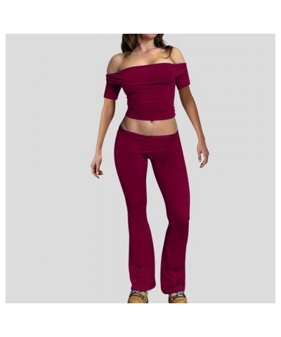 Womens Matching Sport Brunch Tops Pants Sets for Women Track Pajama Solid 2 Piece Summer Fall Tops Sets 2024 S-713 Burgundy W...