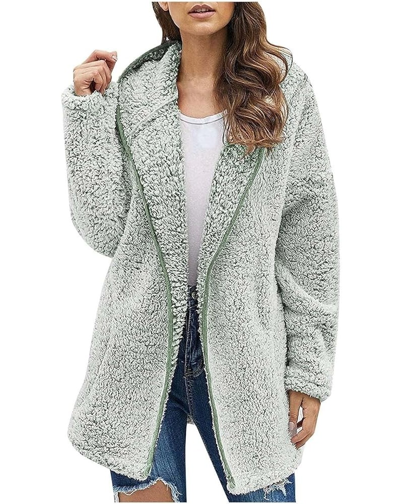 Women Winter Sherpa Jacket Coat Long Sleeve Lapel Fuzzy Warm Fleece Open Front Hooded Cardigan Outerwear with Pockets A01 Gre...