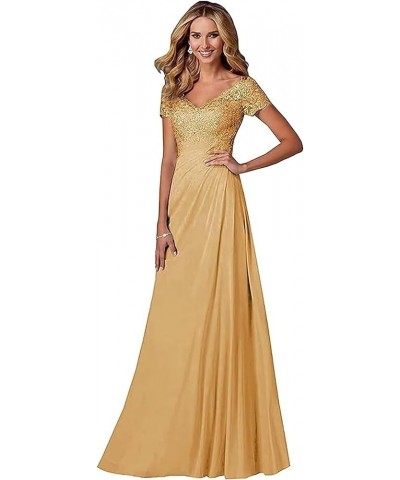 V Neck Appliques Mother of The Bride Dress Long Chiffon Prom Formal Evening Party Dresses for Women with Short Sleeves Dusty ...