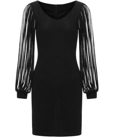 Kangma Sparkly Glitzy Sequin Tassel Long Sleeve Sequin Bodycon Evening Party Cocktail Dresses for Women Black $5.29 Dresses