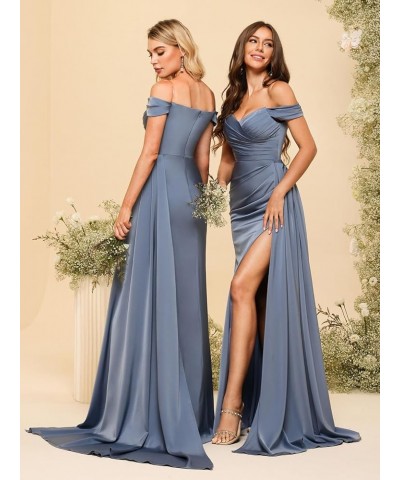 Women's Sweetheart Bridesmaid Dresses with Slit 2024 Long Off Shoulder Satin Mermaid Formal Dress NO094 Navy Blue $36.26 Dresses