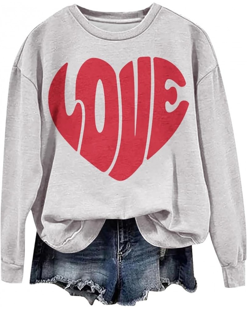 Valentine Day Shirts Women Long Sleeve Pullover Sweatshirts Love Heart Print Shirts Casual Loose Crewneck Tops Gray-2-lightni...