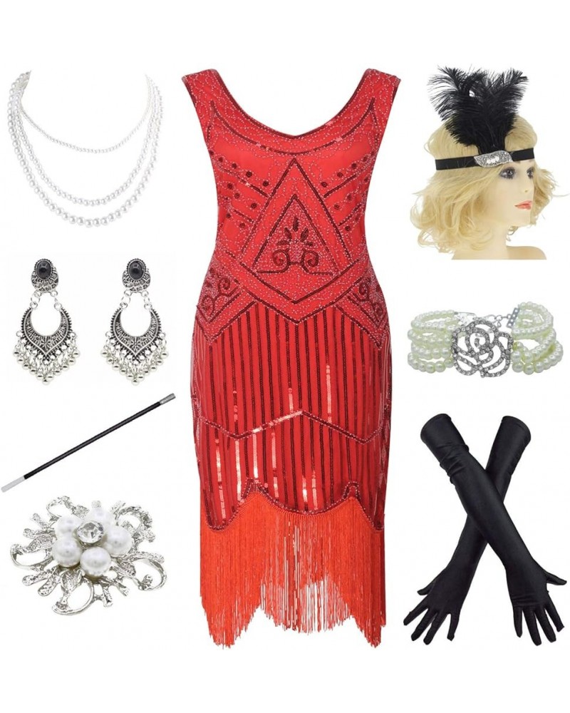 1920s Gatsby Fringed Paisley Plus Size Flapper Dress with 20s Accessories Set Flower Red Red $23.95 Sets