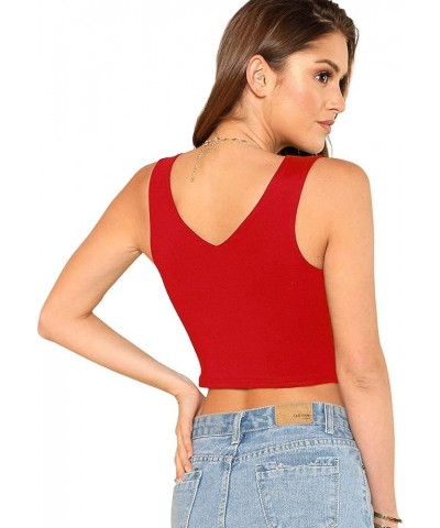 Women's Basic V Neck Stretchy Slim Fit Knit Crop Tank Top Red $8.54 Tanks